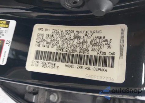 2013 Toyota Corolla Le из США, поврежденный, VIN 5YFBU4EE3DP104843